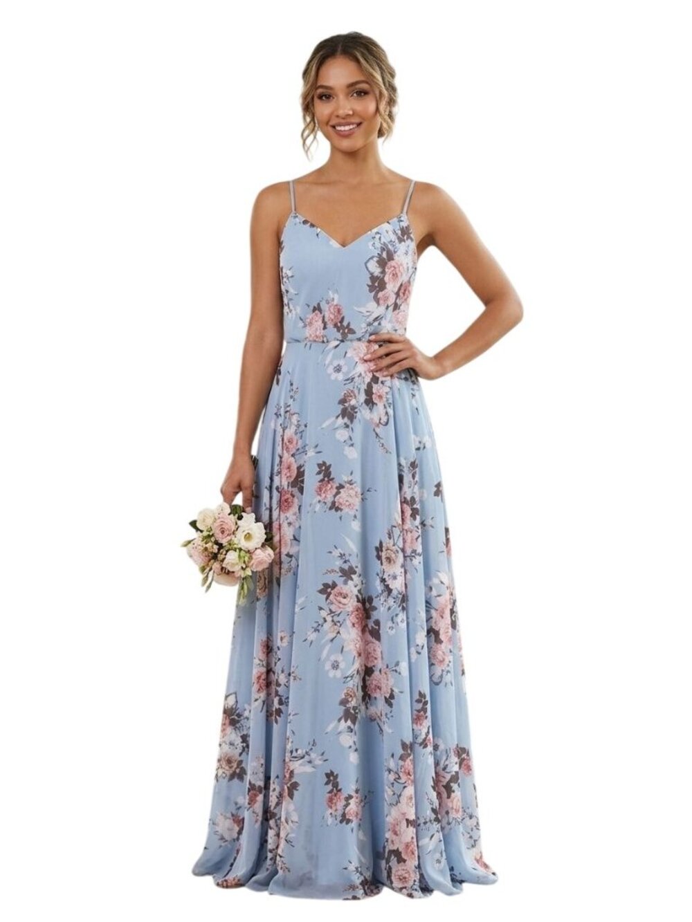 Kleinfeld Bridesmaid Gown Blue Floral Maxi Dress Spaghetti Strap Wedding Size 10